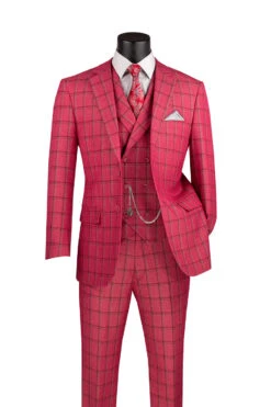 Lazio Collection - Modern Fit Windowpane Suit 3 Piece In Raspberry