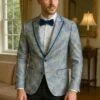 Men's Blue And Gray Tuxedo - Sky Blue Paisley Embroidered Dinner JacketJacket With Satin Trim And Matching Bow Tie