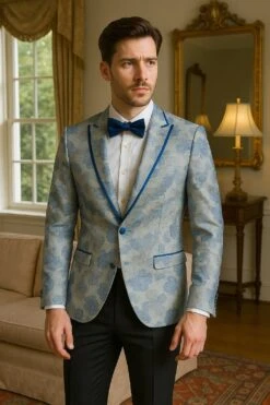 Men's Blue And Gray Tuxedo - Sky Blue Paisley Embroidered Dinner JacketJacket With Satin Trim And Matching Bow Tie