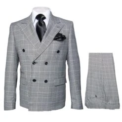 Men's Grey Glen Plaid Double-Breasted Suit – Classic Prince Of Wales Check Two-Piece Set By Rossiman