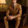 Men's Tan Plaid Double-Breasted Suit – Classic Windowpane Two-Piece Formal Suit - Camel Color Suit By Rossiman