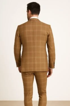Men's Tan Plaid Double-Breasted Suit – Classic Windowpane Two-Piece Formal Suit - Camel Color Suit By Rossiman -Alberto Nardoni Shop Men s Tan Plaid Double Breasted Suit Classic 03