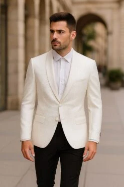 Men’s White Tuxedo Dinner JacketSwirl Pattern Tuxedo Jacket With White Satin Shawl Lapel - Paisley Pattern