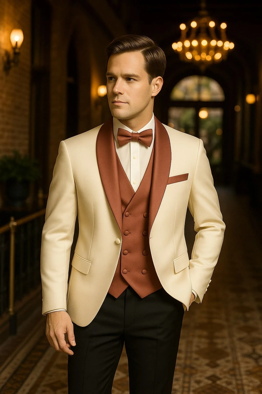 Men's White And Rose Gold Tuxedo With Mauve Satin Vest And Bow Tie – Elegant Formalwear For Weddings And Events 1 Men's White And Rose Gold Tuxedo With Mauve Satin Vest And Bow Tie – Elegant Formalwear For Weddings And Events