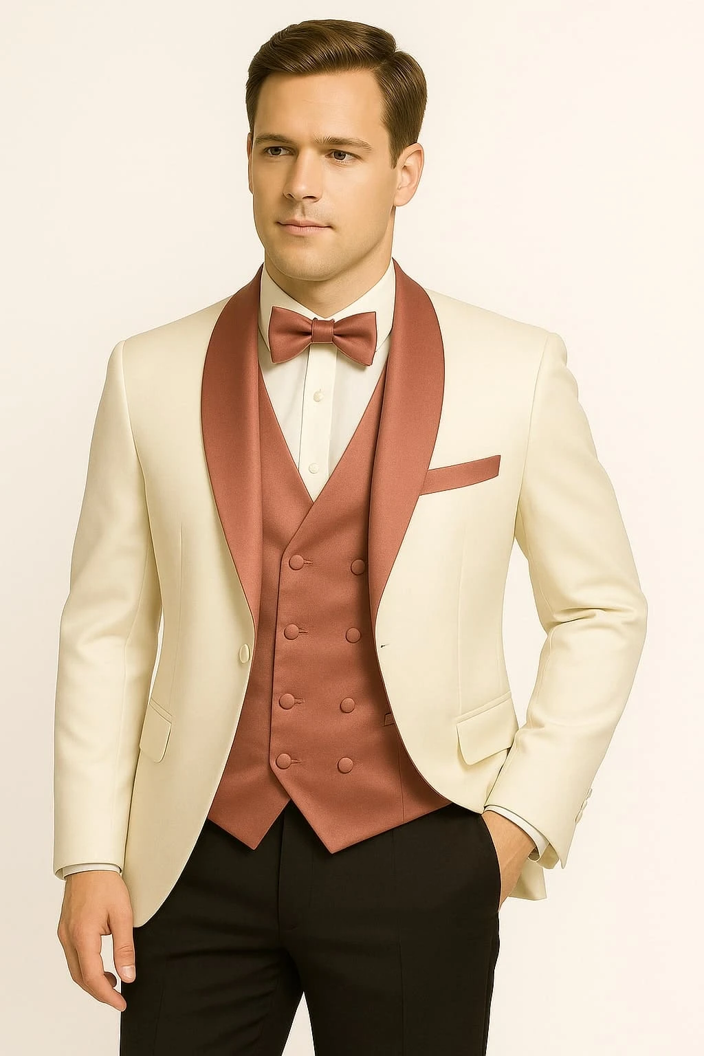Men's White And Rose Gold Tuxedo With Mauve Satin Vest And Bow Tie – Elegant Formalwear For Weddings And Events 2 Men's White And Rose Gold Tuxedo With Mauve Satin Vest And Bow Tie – Elegant Formalwear For Weddings And Events - Image 2