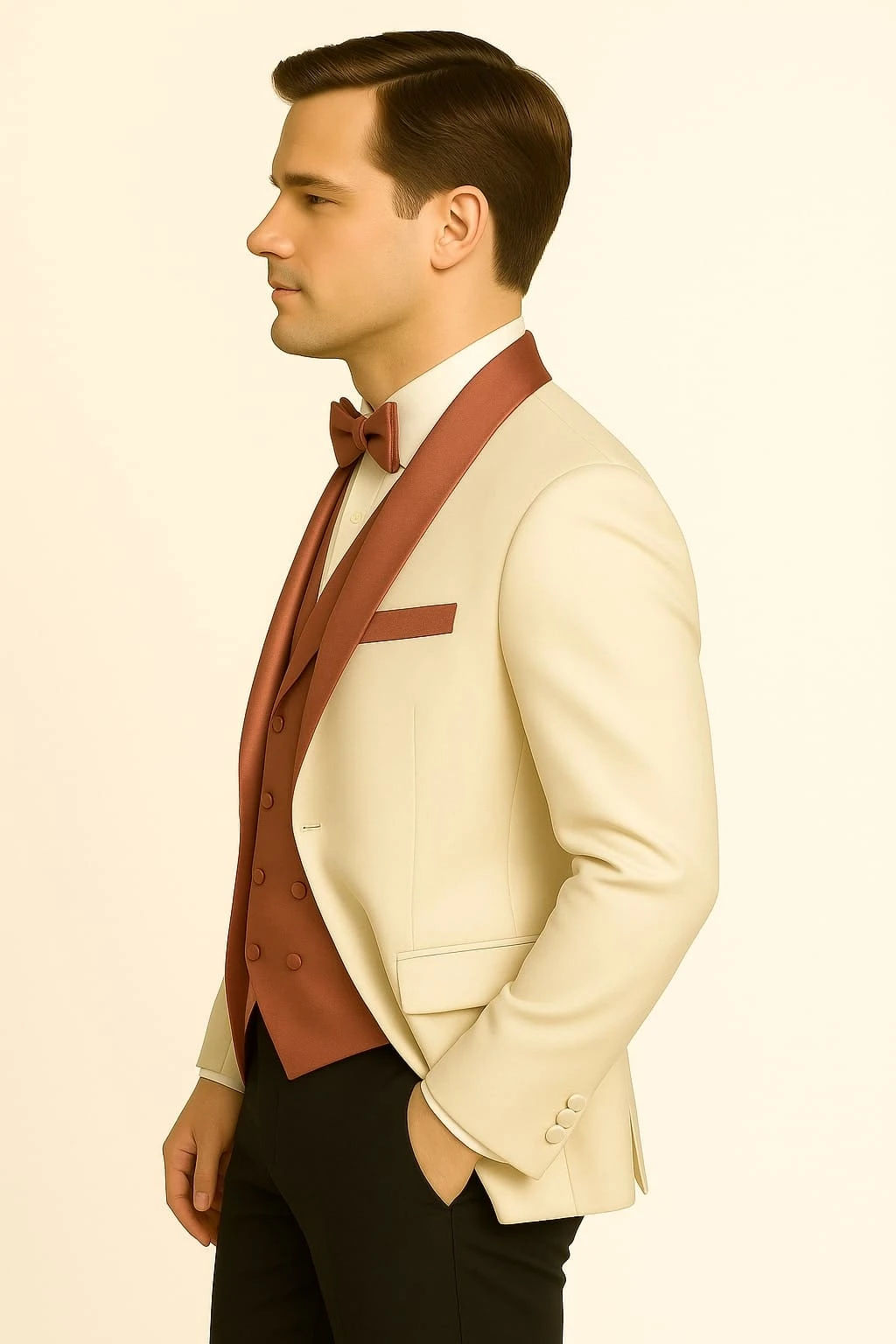 Men's White And Rose Gold Tuxedo With Mauve Satin Vest And Bow Tie – Elegant Formalwear For Weddings And Events 4 Men's White And Rose Gold Tuxedo With Mauve Satin Vest And Bow Tie – Elegant Formalwear For Weddings And Events - Image 4