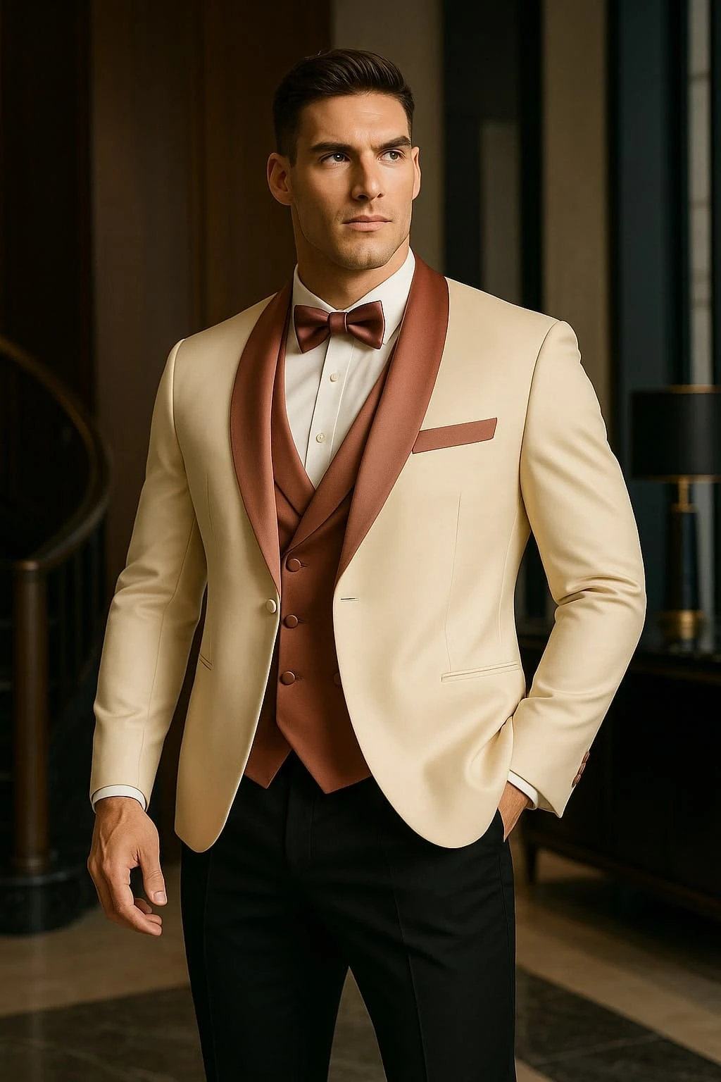 Men's White And Rose Gold Tuxedo With Mauve Satin Vest And Bow Tie – Elegant Formalwear For Weddings And Events 5 Men's White And Rose Gold Tuxedo With Mauve Satin Vest And Bow Tie – Elegant Formalwear For Weddings And Events - Image 5
