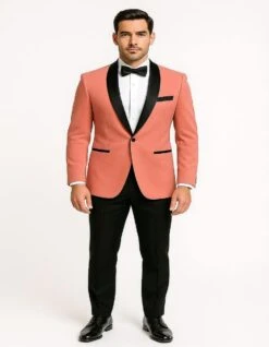 Men’s Coral Pink Tuxedo Jacket With Black Satin Shawl Lapel Velvet Fabric – Modern Slim Fit Formal Blazer -Alberto Nardoni Shop Men sCoral