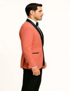Men’s Coral Pink Tuxedo Jacket With Black Satin Shawl Lapel Velvet Fabric – Modern Slim Fit Formal Blazer -Alberto Nardoni Shop Men sCoralpink