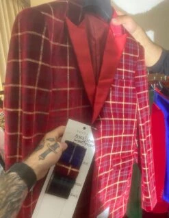 Men's Red Velvet Plaid Blazer With Satin Lapel – Designer Tartan Suit Jacket For Holidays And Events -Alberto Nardoni Shop Men sRedVelvet