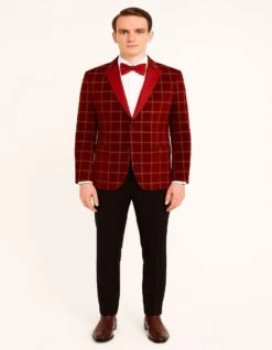 Men's Red Velvet Plaid Blazer With Satin Lapel – Designer Tartan Suit Jacket For Holidays And Events -Alberto Nardoni Shop Men sRedVelvetPlaidBlazerwithSatinLapel
