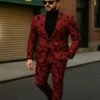 Men’s Red And Black Floral Tuxedo Suit – Slim Fit 2 Piece Embroidered Outfit For Weddings, Prom, And Formal Events