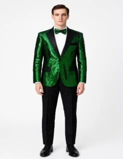 Men's Green Sequin Tuxedo Jacket With Black Satin Lapel And Bow Tie – Sparkling Party And Stage Blazer By Alberto Nardoni -Alberto Nardoni Shop Men sStageBlazer