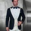Mens Wool Vested Wide Contrast Peak Wedding Tuxedo In Black & Ivory