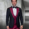 Mens Wool Vested Wide Contrast Peak Burgundy Wedding Tuxedo