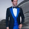 Mens Wool Vested Wide Contrast Peak Black And Royal Wedding Tuxedo