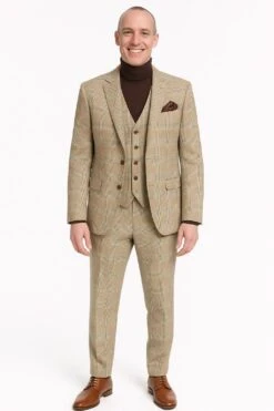Mens Beige Plaid 3-Piece Suit – Classic Checkered Suit For Weddings, Church Vested Checkered Pattern