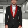Holiday Suit - Christmas Suit - Christmas Blazer Men's Black/Red Shawl Lapel 1 Button Modern Fit Two Toned Lapel Evening Tuxedos - Red Tuxedo