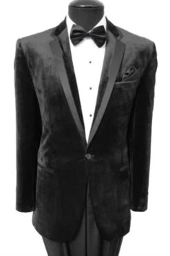 Men's Velvet Velour Men's Blazer Sport Coat Two Button Jacket With Black Trim Black