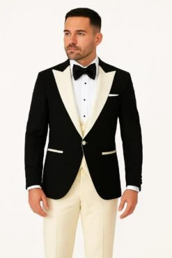Mens Black And Ivory Tuxedo With Wide Shawl Lapel – 3 Piece Black And Off White Lapel ! Vested Suit