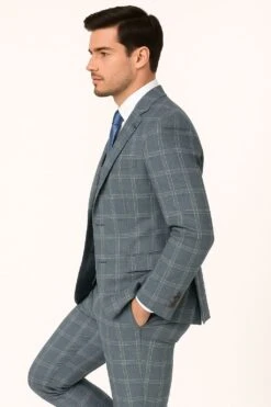 Mens Blue Windowpane Checkered Slim Fit Suit – 3 Piece Stretch Business Suit -Alberto Nardoni Shop Mens Blue Windowpane Checkered Slim Fit Suits