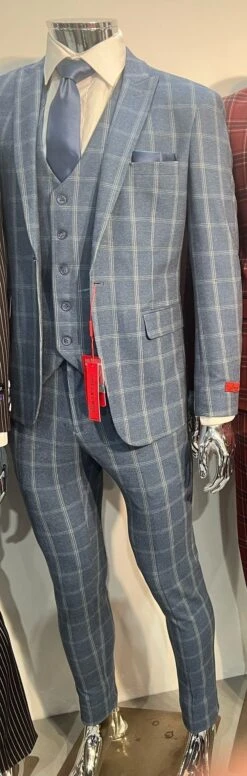 Mens Blue Windowpane Checkered Slim Fit Suit – 3 Piece Stretch Business Suit -Alberto Nardoni Shop Mens Blue Windowpane Slim Fit Suits