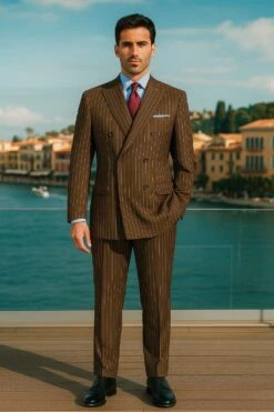 Mens Brown Pinstripe Double-Breasted Suit – Classic 6-Button Business And Vintage Style -Alberto Nardoni Shop Mens Brown Pinstripe Double Breasted Suit