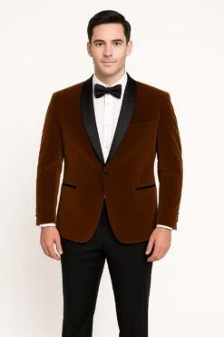 Mens Brown Velvet Tuxedo With Black Satin Shawl Lapel – One Button Formal Suit Jacket