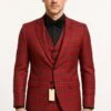 Mens Burgundy Plaid Three-Piece Suit – Ultra Slim Fit Checkered Windowpane Redish 544-10