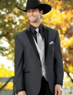 Mens 1 Button Peak Lapel In Grey Cowboy Suit - Country Wedding Suits