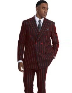 Gangster Suit - Mobster Suit - Mafia Suit For Mens Double Breasted Gangster Pinstripe In Black & Red