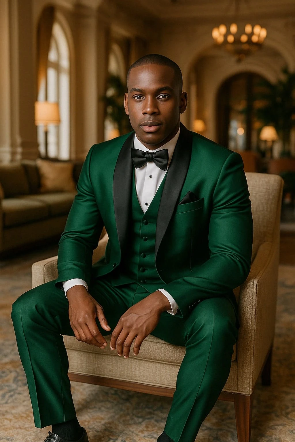 Mens Emerald Green Tuxedo With Black Satin Shawl Lapel – 3 Piece Formal Suit With Vest 2 Mens Emerald Green Tuxedo With Black Satin Shawl Lapel – 3 Piece Formal Suit With Vest - Image 2