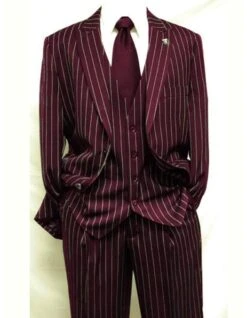 Mens 2 Button Vested 3 Piece Gangster Bold Pinstripe SuitBurgundy