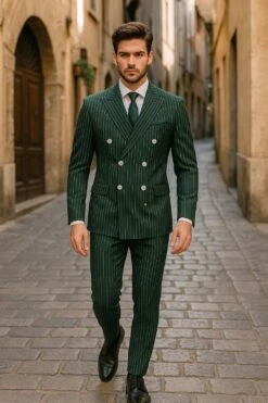 Mens Green Pinstripe Double-Breasted Suit – Slim Fit 2 Piece Formal Business Suit With Peak Lapel 1920s Gangster Pinstripe -Alberto Nardoni Shop Mens Green Pinstripe Double Breasted Suit