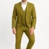 Mens Light Olive Green Linen Suit Three-Piece Style– Formal Suit With Vest And Flat Front Pants