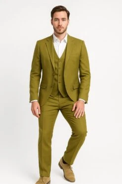 Mens Light Olive Green Linen Suit Three-Piece Style– Formal Suit With Vest And Flat Front Pants