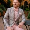 Mens Pink And Grey Floral Tuxedo With Satin Trim – Prom And Wedding Suit With Bow Tie And Flower Pin