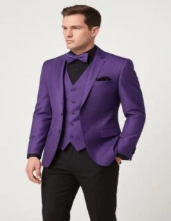 Mens Purple Paisley Tuxedo – 3 Piece Suit With Bow Tie And Black Pants | Wedding & Prom Outfit - Slim Fitted -Alberto Nardoni Shop Mens Purple Paisley Tuxedo