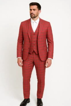 Mens Red And Grey Plaid 3-Piece Suit With Vest - Modern Fit Peak Lapel By Dominique Wilson