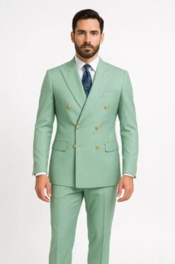 Mens Sage Green Double-Breasted Suit With Gold Buttons – Formal Slim Fit 2-Piece Pistachio Color