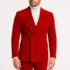 Mens Slim Fit Red Velvet Double Breasted Suit With Peak Lapel – Formal Tuxedo Style