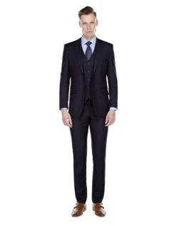 3 Piece Suit - Navy Blue Three Piece Suit - Mens Smart Slim Vested Suit Dark Navy Blue