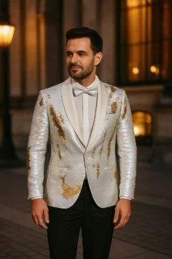 Mens White And Gold Reversible Sequin Tuxedo Jacket With Satin Lapel And Matching Bow Tie -Alberto Nardoni Shop Mens White and Gold Reversible Sequin Tuxedo