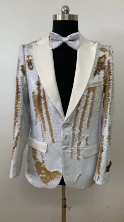 Mens White And Gold Reversible Sequin Tuxedo Jacket With Satin Lapel And Matching Bow Tie -Alberto Nardoni Shop Mens White and Gold Reversible Sequin Tuxedos
