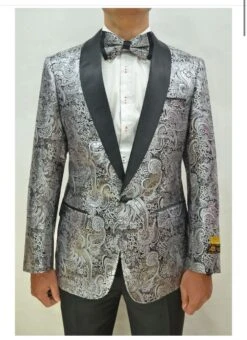 Silver And Black Tuxedo Blazer With Matching Bow Tie - Paisley Sport Coat For Prom Or Wedding -Alberto Nardoni Shop Mens Silver and Black Tuxedo Blazer