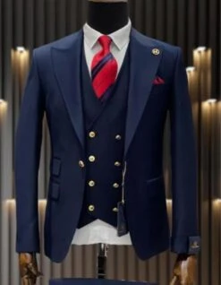 3 Piece Suit - Navy Blue Three Piece Suit - Mens One Button Peak Lapel Vested Wool Suit With Gold Buttons In Navy Blue