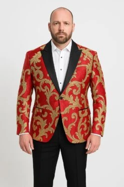 Mens Red And Gold Embroidered Tuxedo Blazer – Baroque Style One Button Dinner Jacket With Black Satin Lapel