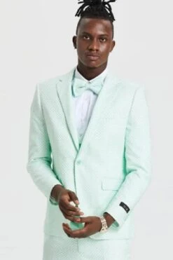 Mens One Button Double Breasted Vest Notch Lapel Prom & Wedding Suit In Mint Green Polka Dot