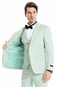 Mens Two Button Vested Peak Lapel Pastel Wedding & Prom Suit In Mint Green