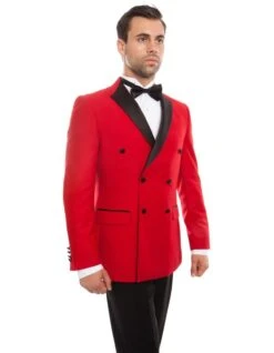 Mens Slim Fit Double Breasted Wool Tuxedo In Red